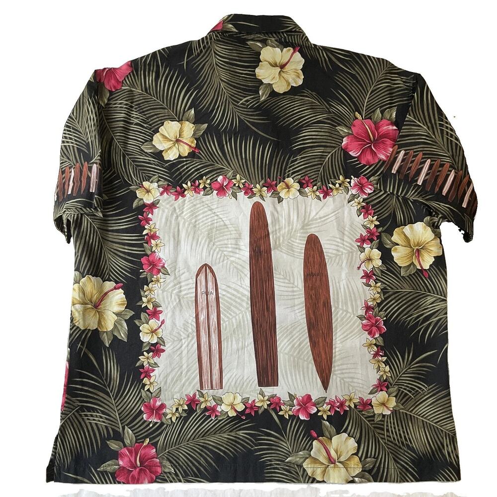 Koko Island Men Button Up Shirt L Black Floral Surfboards Hawaiian Shirt